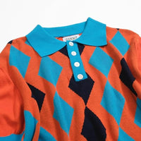 
              OXKNIT Retro Knitted Polo Shirts for Men, 1960s Geometric Pattern Short Sleeve with Quarter Button, Orange Blue
            
