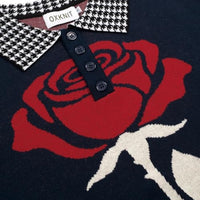 
              OXKNIT Men's Knit Short Sleeve Shirts 1960s Vintage Floral Pattern Dark Blue Cotton Polo Shirt with Quarter Button
            