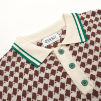 
              OXKNIT Men's Knit Short Sleeve Shirt 1960s Retro Brown Pattern Knitted Polo Shirt Beige Cotton Polo with Quarter Button
            