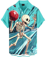 
              DADDYLOCO Men's Hawaiian Shirt, Skeleton Bowling Print, Short Sleeve Button Down, Light Blue, Polyester, Regular Fit
            