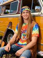 
              Treature Hippie Costume for Men 60s 70s - Tie Dye Shirt with Fringe Vest & Wig Set, Retro Outfit Complete with Headband for Carnival (7pcs Set, XL)
            