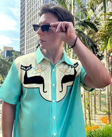 
              DADDYLOCO Retro Cat Print Button-Down Shirt, Mint Green with Atomic Design, Short Sleeve, Regular Fit
            