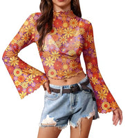 
              Women's Halloween Bell Sleeve Hippie 60s 70s Mock Neck Shirt Boho Party Retro Crop Top Renaissance S
            