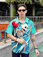 
              DADDYLOCO Men's Hawaiian Shirt, Skeleton Bowling Print, Short Sleeve Button Down, Light Blue, Polyester, Regular Fit
            