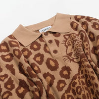 
              OXKNIT Knit Polo Shirt for Men, 1960s Retro Leopard Print Brown Shirt Quarter Button Down Short Sleeve Men's Clothing
            